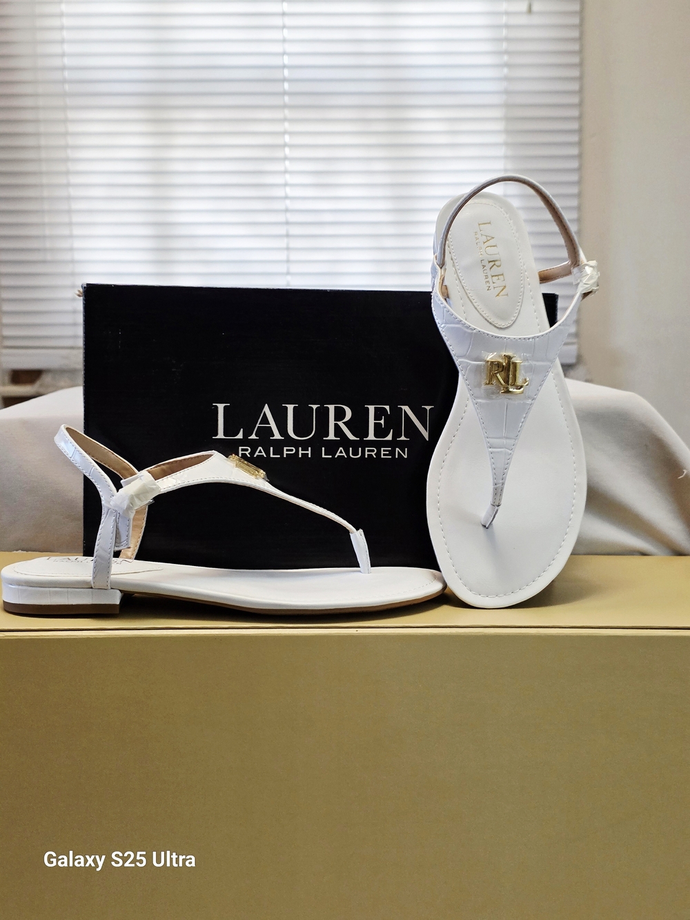 LAUREN Ralph Lauren Ellington Croc Embossed Leather Sandal In White  Size 7.5B